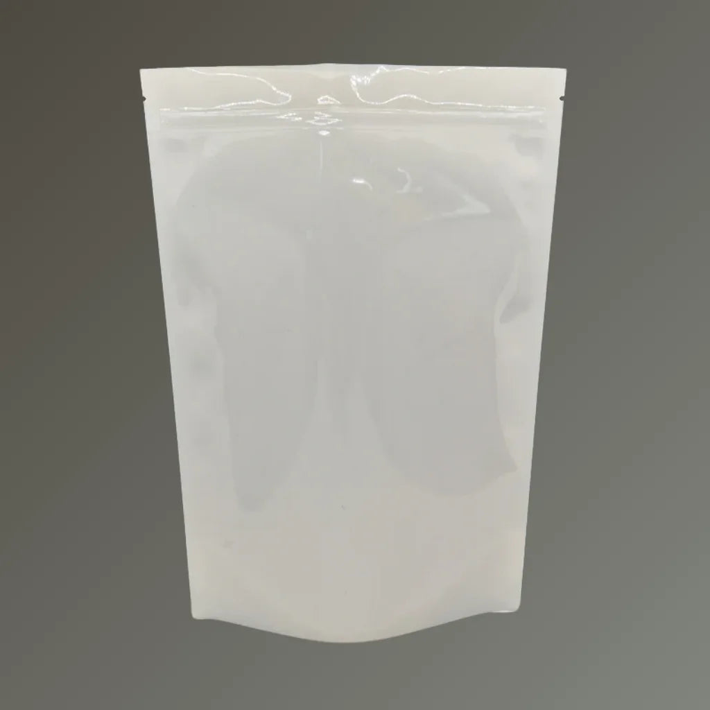 Gloss white resealable stand up pouch with heat-sealable top, shown upright against a grey background.