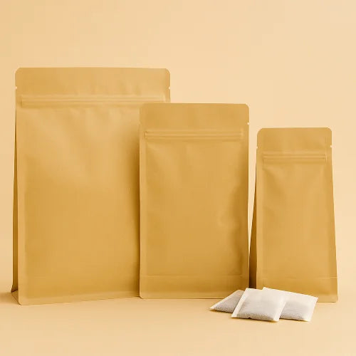 Brown kraft resealable flat bottom pouches in three sizes, displayed upright with sample sachets on a beige background.
