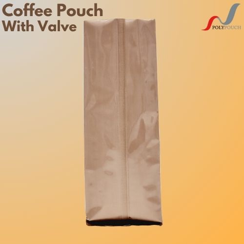 Bronze open top coffee pouch with a side gusset and valve, viewed from the front.