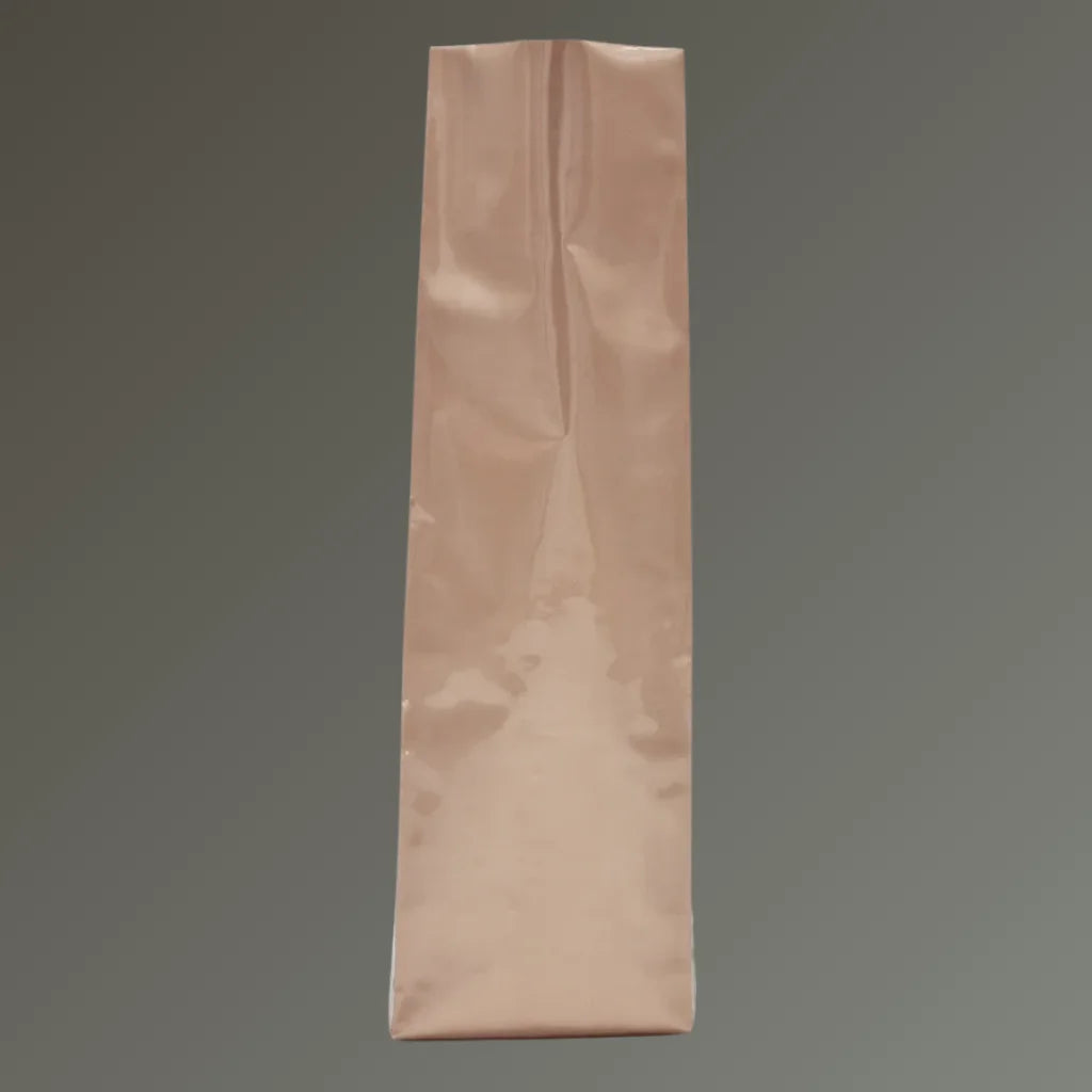 Bronze coffee bag with side gussets and open top, displayed upright against a grey background.