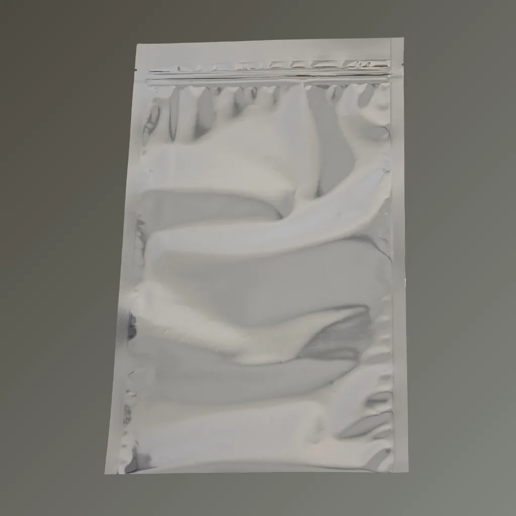 Foil 3 side seal resealable open bottom flat pouch with a shiny metallic finish, displayed against a neutral background.