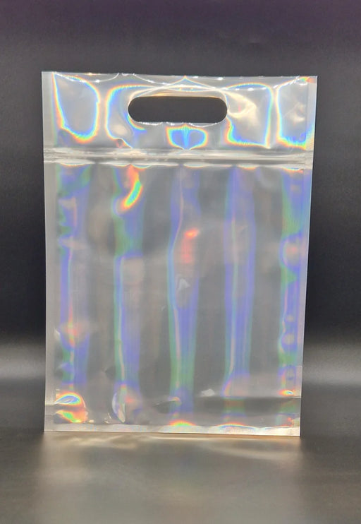 A resealable holographic packaging pouch with a handle.