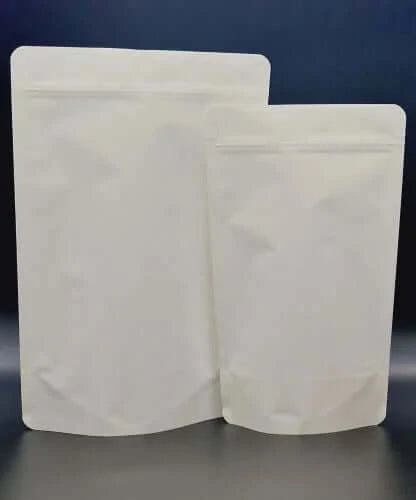 2 different sized white kraft compostable pouches with a grip seal.