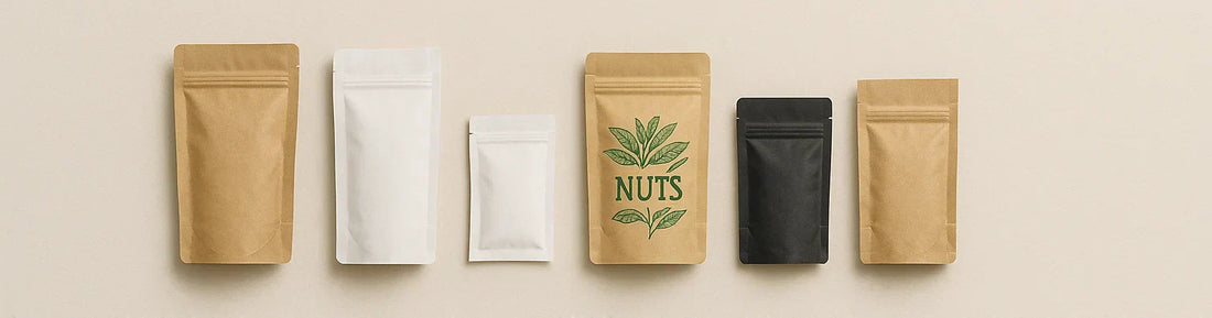 6 different sized and coloured kraft pouch packaging options.