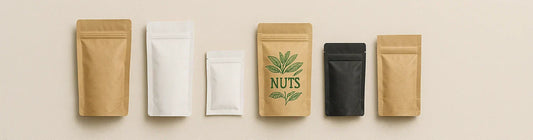 6 different sized and coloured kraft pouch packaging options.