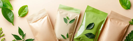 4 stand up pouse laying on a surface with green leaves on and around them.