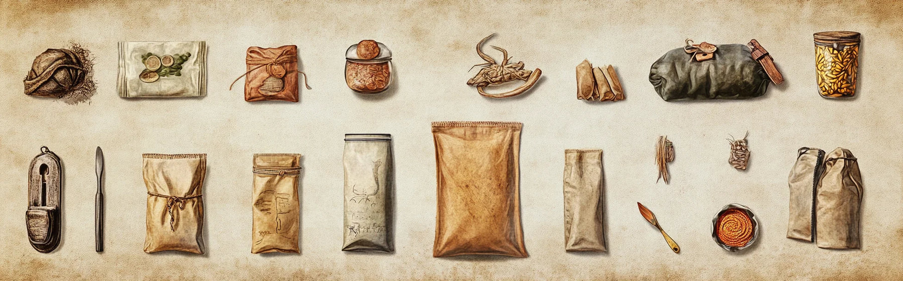 Lots of pouches showcasing the evolution of pouches through history.