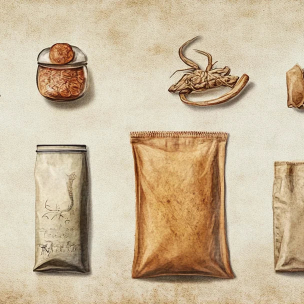 Lots of pouches showcasing the evolution of pouches through history.