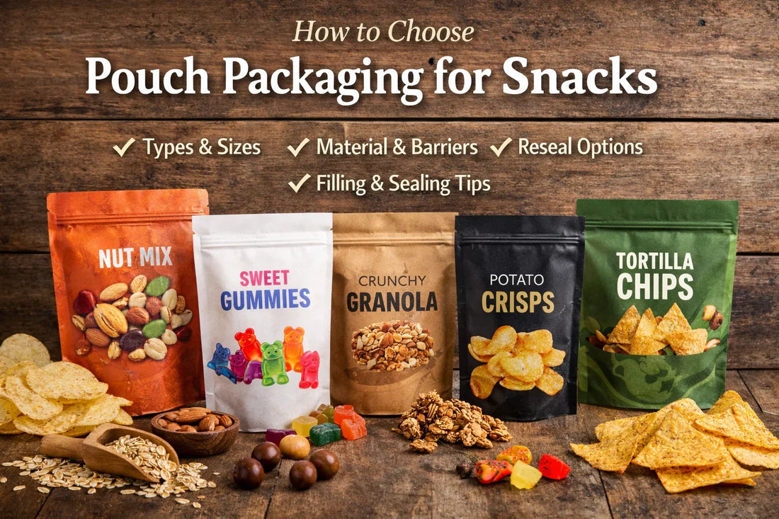 Custom printed stand up pouches for snacks including nuts, gummies, granola and crisps, with guidance text on pouch types, material and barriers, reseal options, and filling and sealing tips.