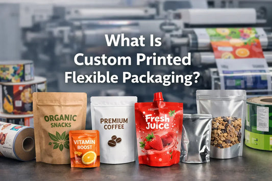 Custom printed pouches and film rolls displayed in a print setting