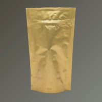 Gold resealable stand up pouch with heat-sealable top, displayed upright against a grey background.
