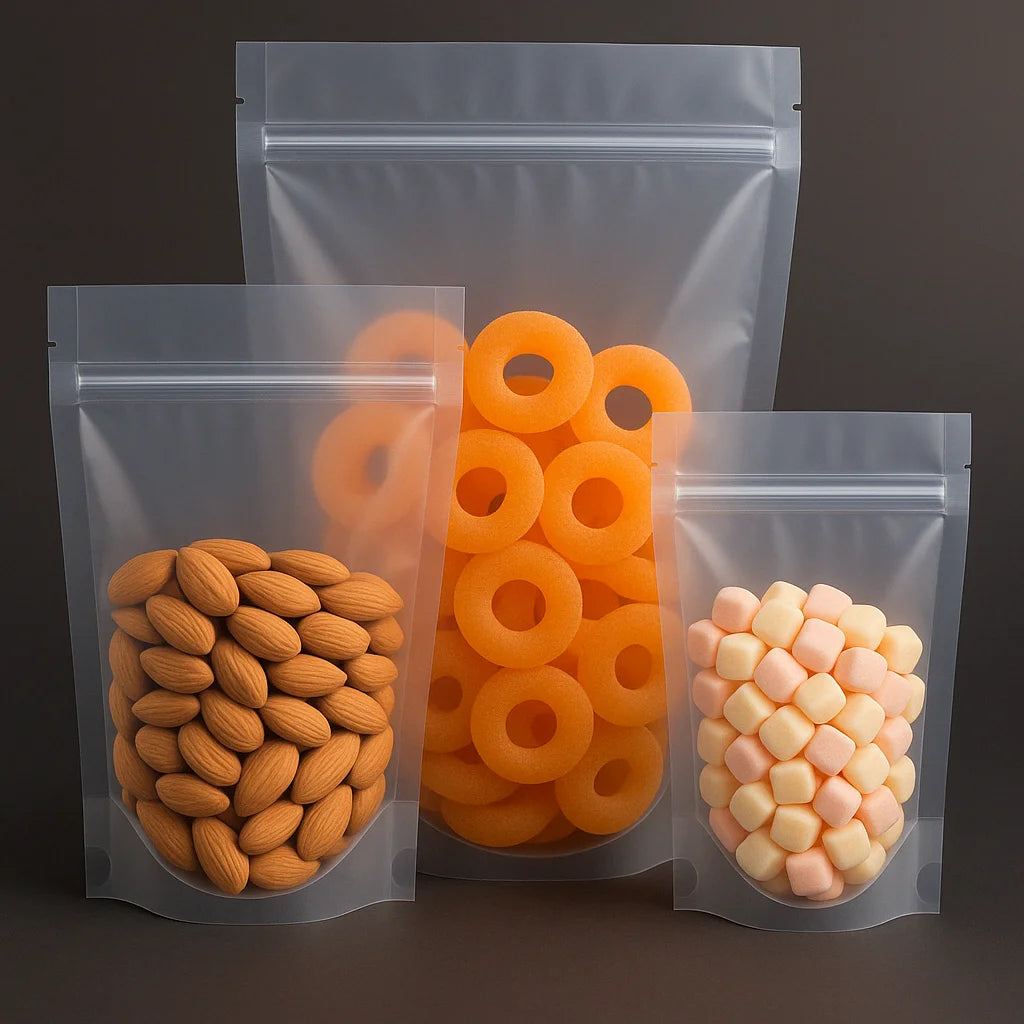 Three clear resealable stand up pouches filled with almonds, orange ring-shaped snacks, and pastel-coloured sweets, displayed upright against a dark background.