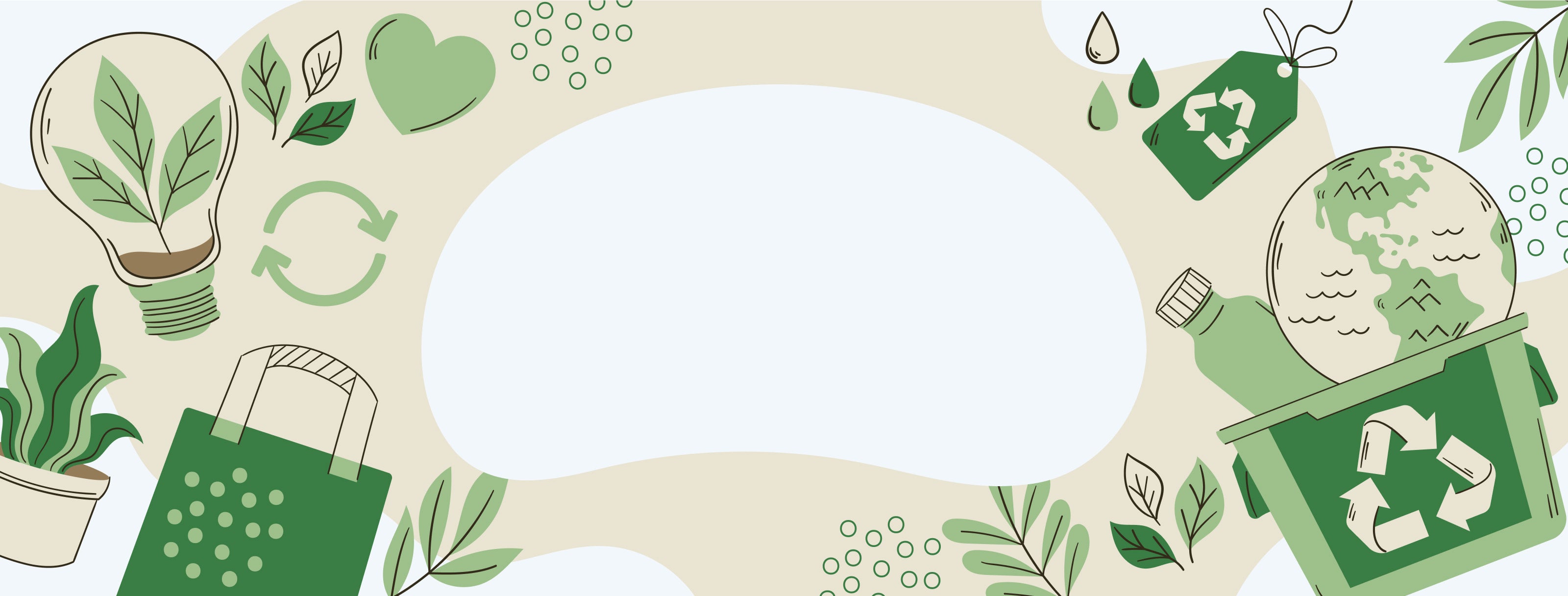 Green environmental icons and symbols on a beige background