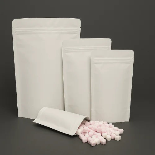 Four white kraft resealable stand up pouches in various sizes, displayed upright and partially filled with pink and white sweets, set against a dark background.
