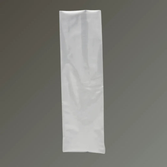 Silver aluminium side gusset coffee bag with open top, shown upright against a grey background.