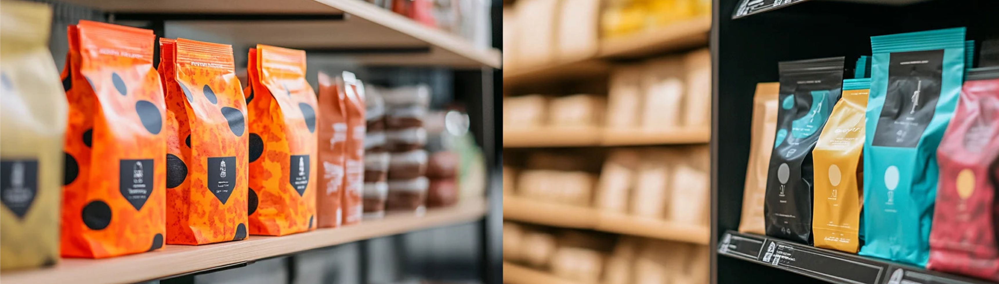Coffee bags on shelves with a focus on branding and packaging.