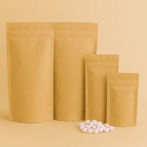Four brown kraft resealable stand up pouches in various sizes, displayed upright with small white sweets placed in front, against a light brown background.