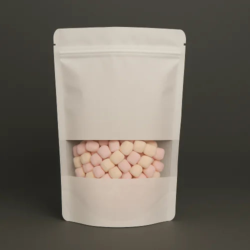 White kraft resealable stand up pouch with a clear window, filled with pink and white sweets, displayed upright against a dark background.