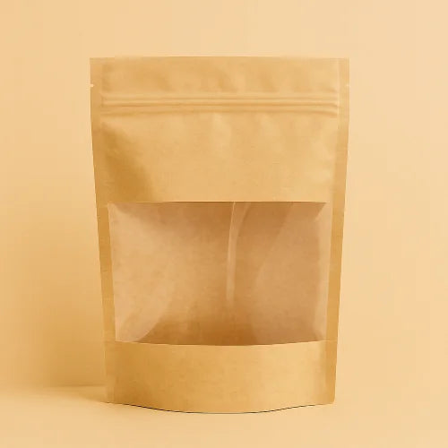 Kraft paper stand-up pouch with window on a beige background