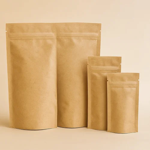 Set of brown kraft paper bags with zipper on a beige background