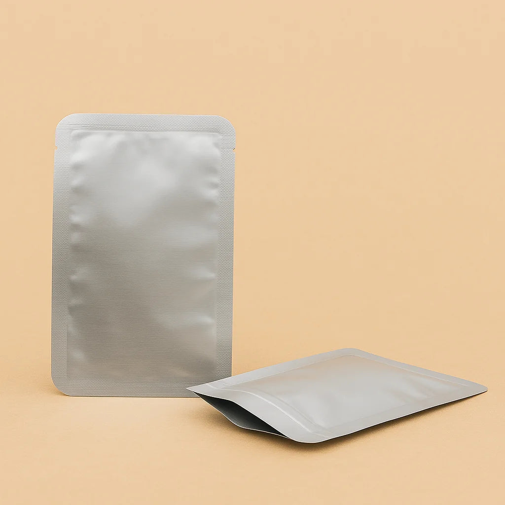 Silver aluminium flat sachets with heat-sealed edges, one standing upright and one lying flat, shown against a beige background.