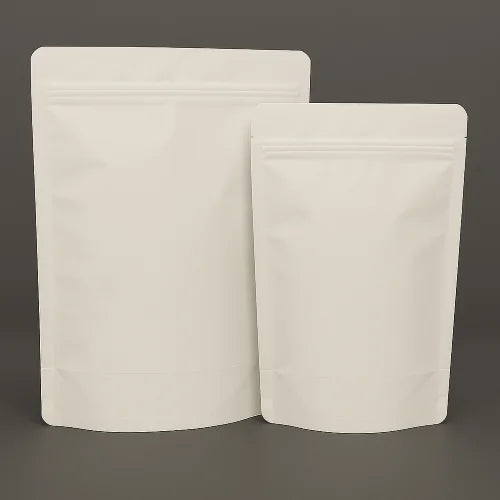 Two white kraft compostable resealable stand up pouches in different sizes, displayed upright against a dark background.
