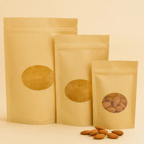 Three brown resealable Kraft stand up pouches with circular windows, displayed in small, medium, and large sizes, with almonds placed beside the smallest pouch.