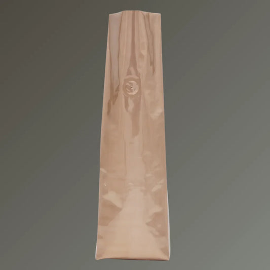 Bronze side gusset coffee bag with one-way valve and open top, displayed upright against a grey background.