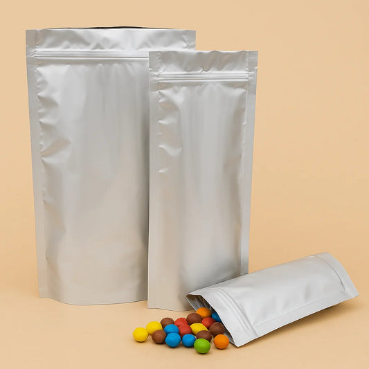 Foil resealable stand up pouches in various sizes, with one pouch open and spilling colourful coated sweets, displayed against a beige background.