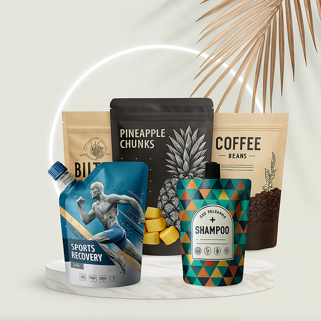 Collection of health and wellness products including a sports recovery supplement, pineapple chunks, coffee beans, and a shampoo and conditioner set on a white background.