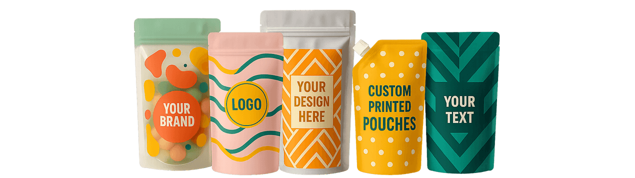 Four customizable product packaging pouches with various designs and text options on a black background.