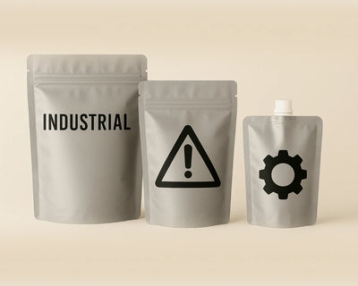 Three gray packaging pouches with industrial-themed labels on a beige background