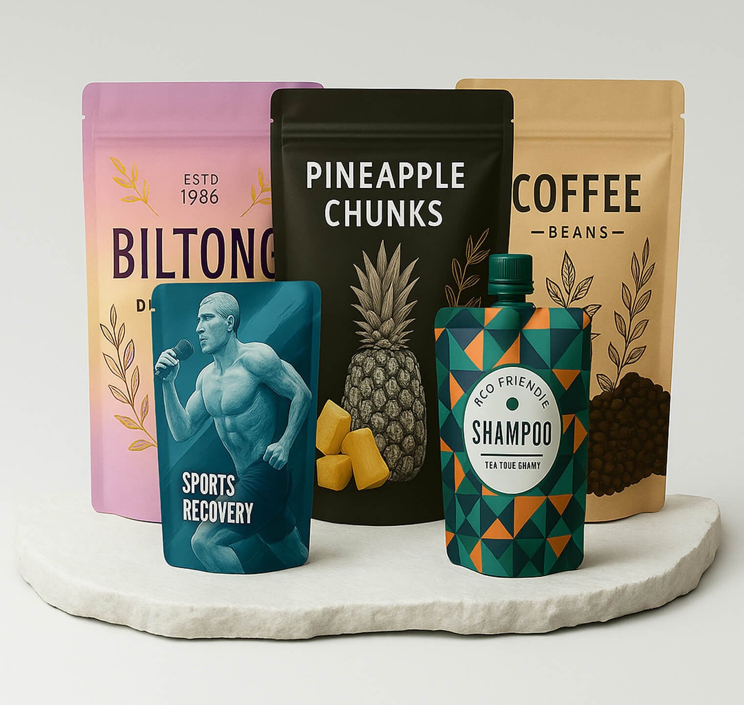 Collection of various product packages including a sports recovery supplement, pineapple chunks, coffee beans, and shampoo on a white surface.