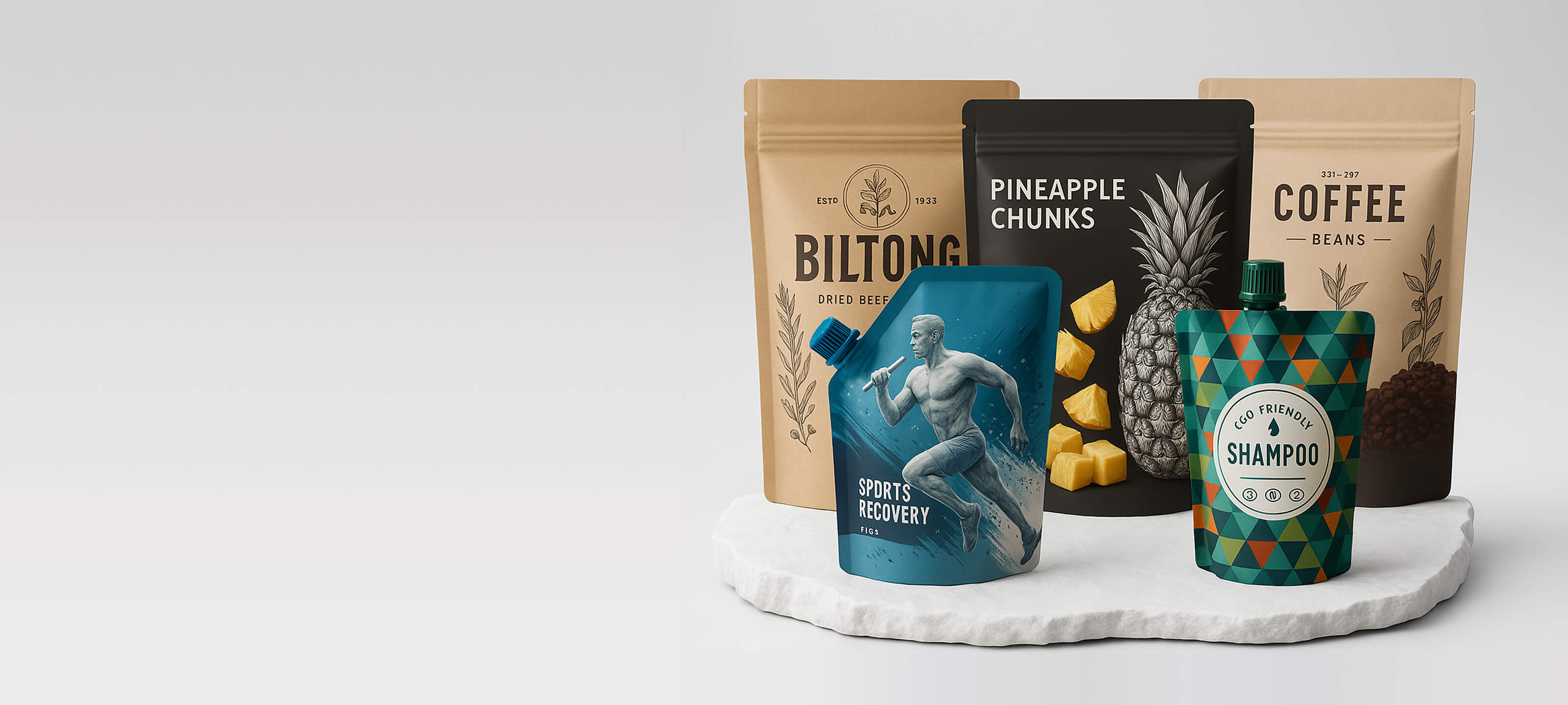 Collection of snack packages and a cup on a white surface with a light gray background