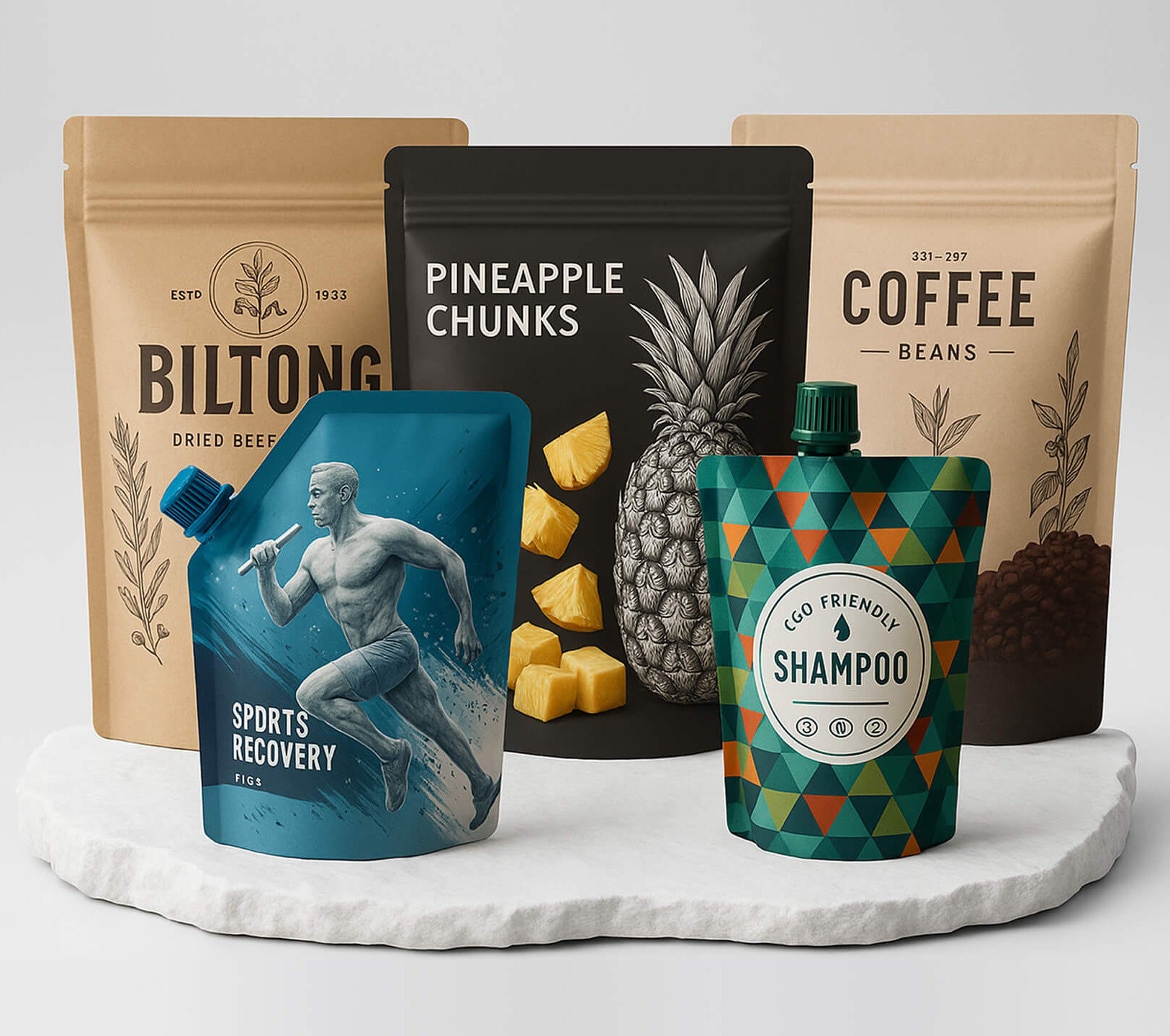 Collection of eco-friendly products including Biltong, Pineapple Chunks, Coffee Beans, Sports Recovery Drink, and Shampoo on a white surface.