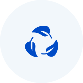 Blue recycling symbol with three leaves on a white background