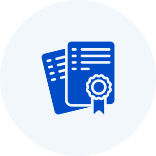 Blue icon of a document with a ribbon on a light blue circle