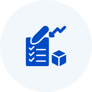 Blue icon with a phone, checklist, and box on a light blue background