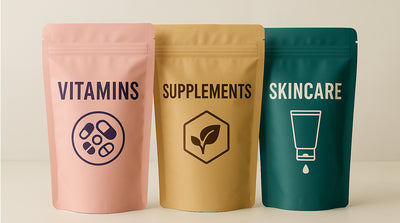 Three colorful packages labeled 'Vitamins', 'Supplements', and 'Skincare' on a neutral background.