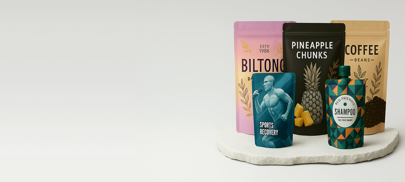 Collection of food and beverage products including coffee, pineapple chunks, and sports recovery drink on a white surface.