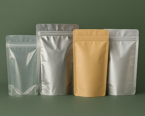 Four metallic food packaging bags on a green background