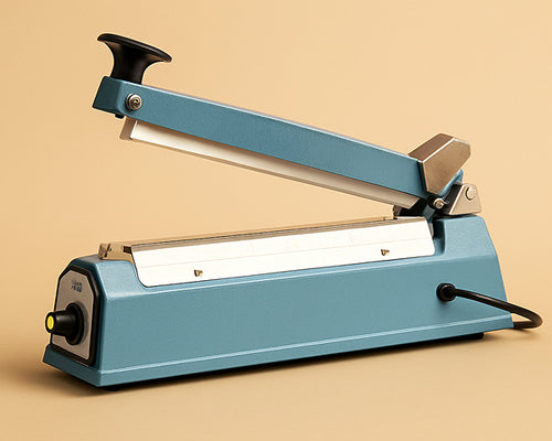 Blue heat sealer on a beige background