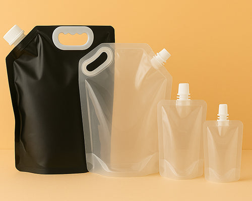 Set of black, clear, and beige flexible packaging pouches with spout lids on a yellow background.