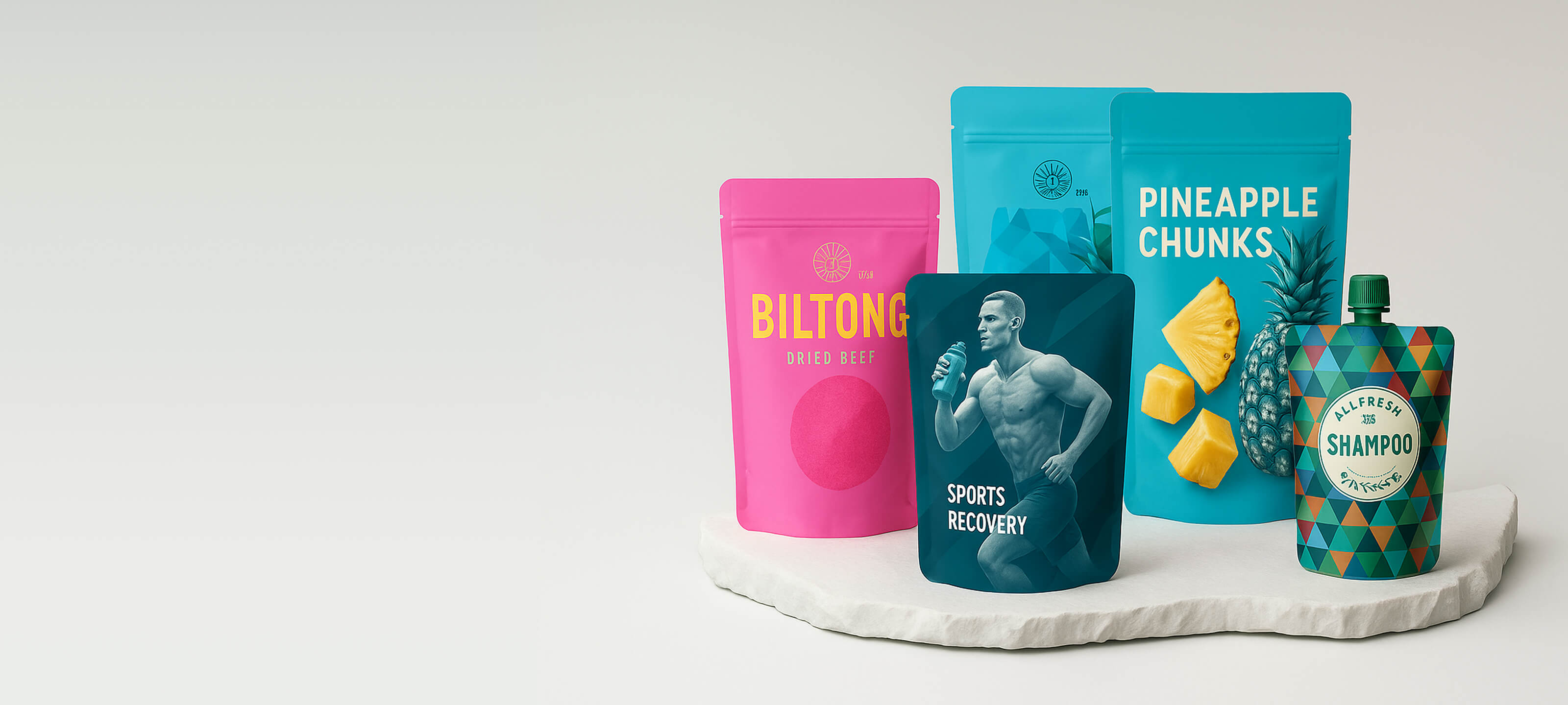 Collection of snack packages on a white surface with a light gray background