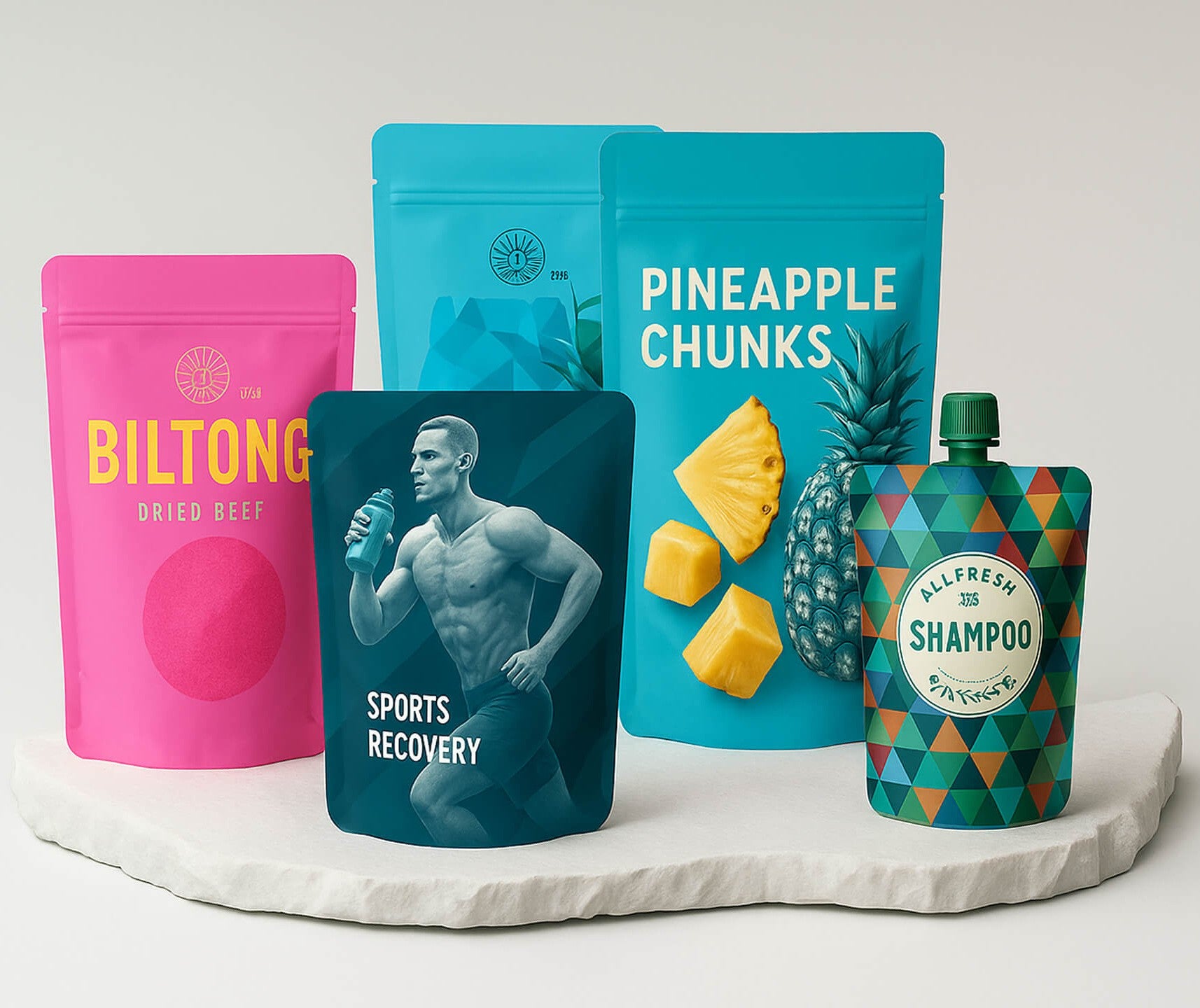 Assorted food and snack packages including Biltong, Sports Recovery, Pineapple Chunks, and Allfresh Shampoo on a white surface.