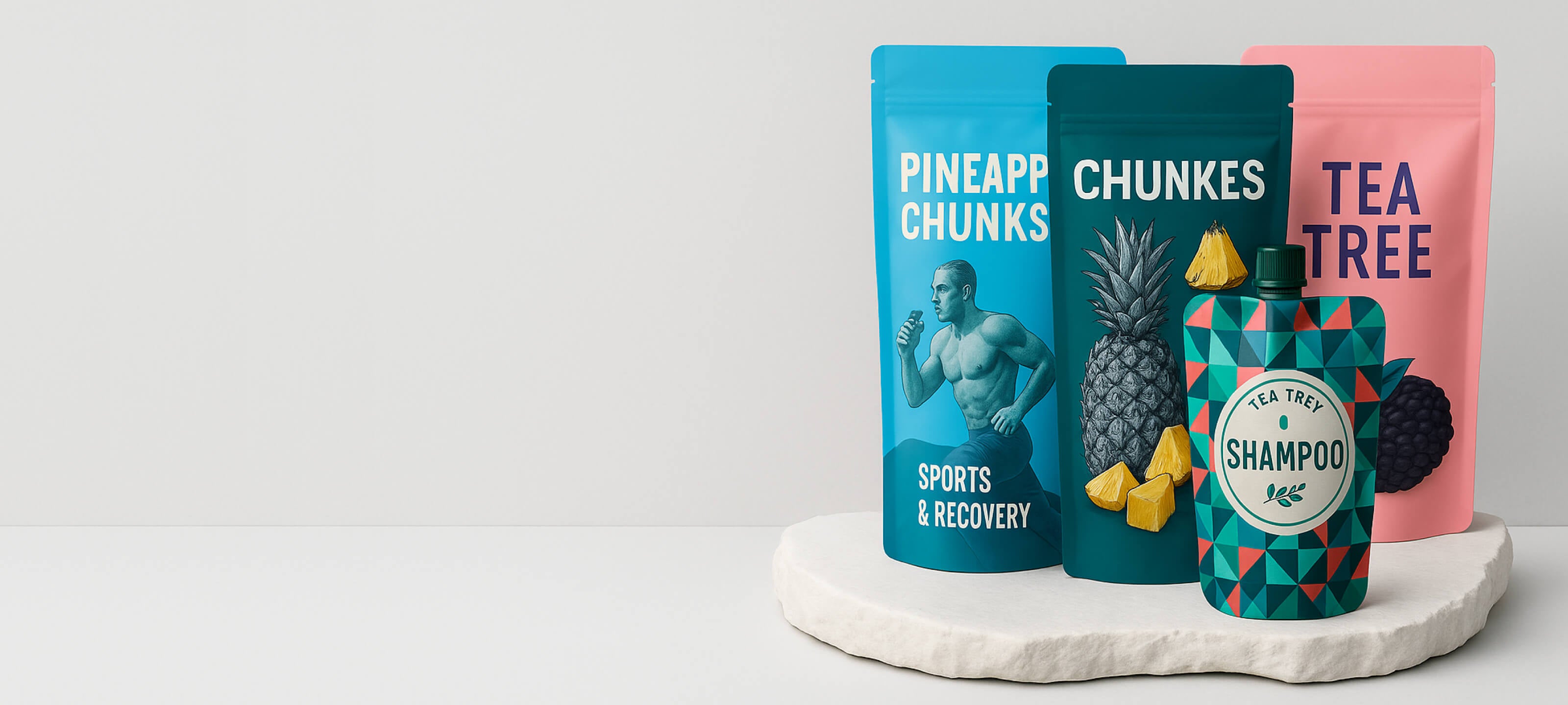 Three skincare products on a white surface with a light gray background