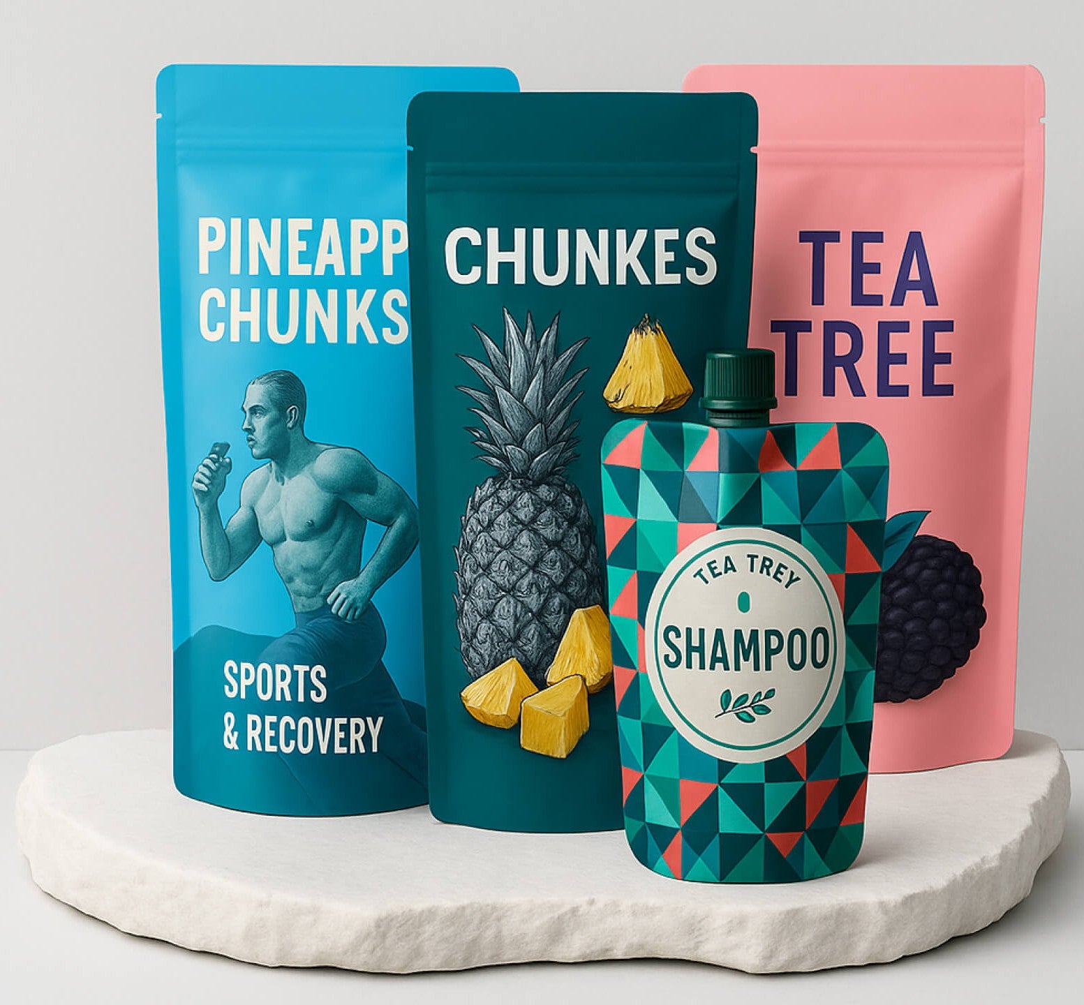 Four product packages labeled 'Pineapple Chunks', 'Chunkes', 'Tea Tree', and 'Shampoo' on a white surface.