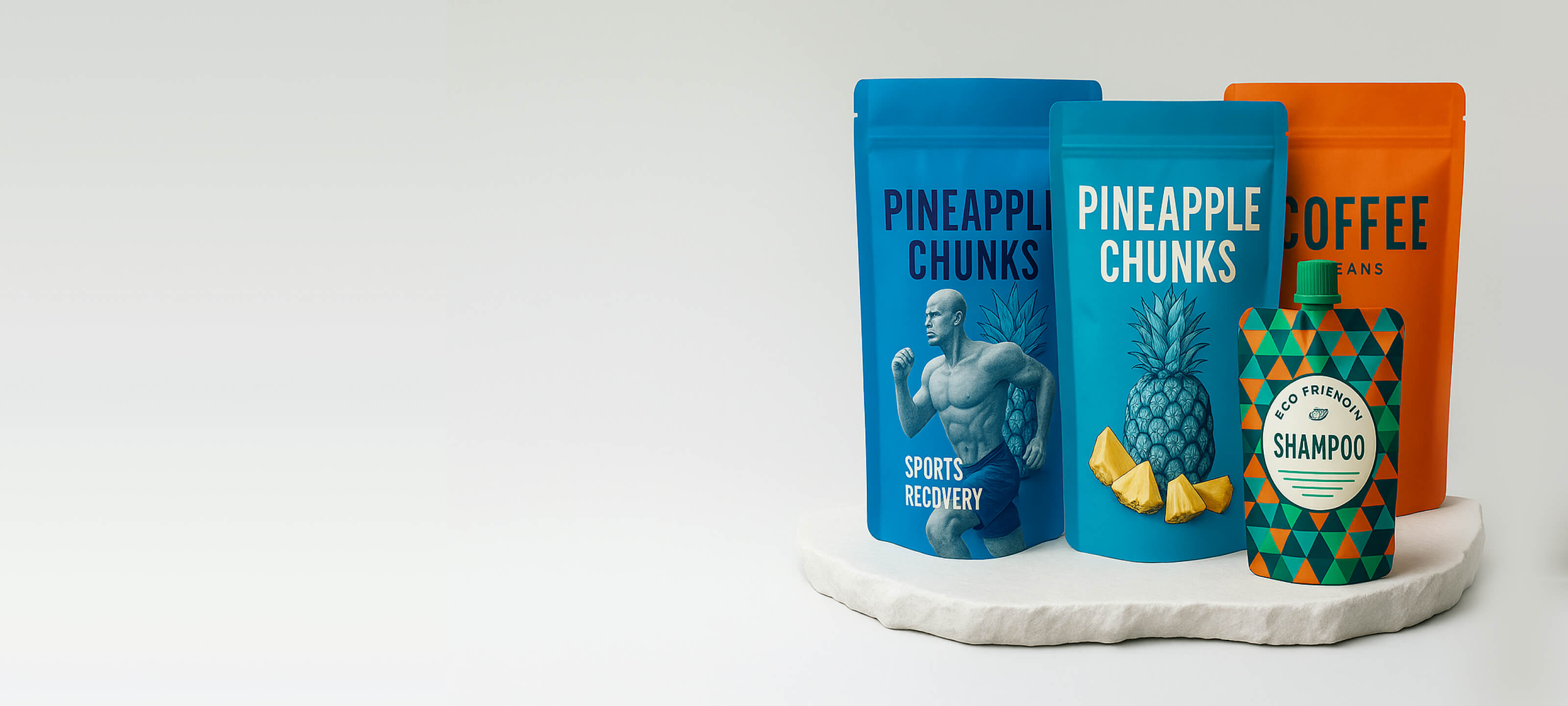 Three product packages labeled 'Pineapple Chunks', 'Sports Recovery', and 'Coffee' on a white surface.