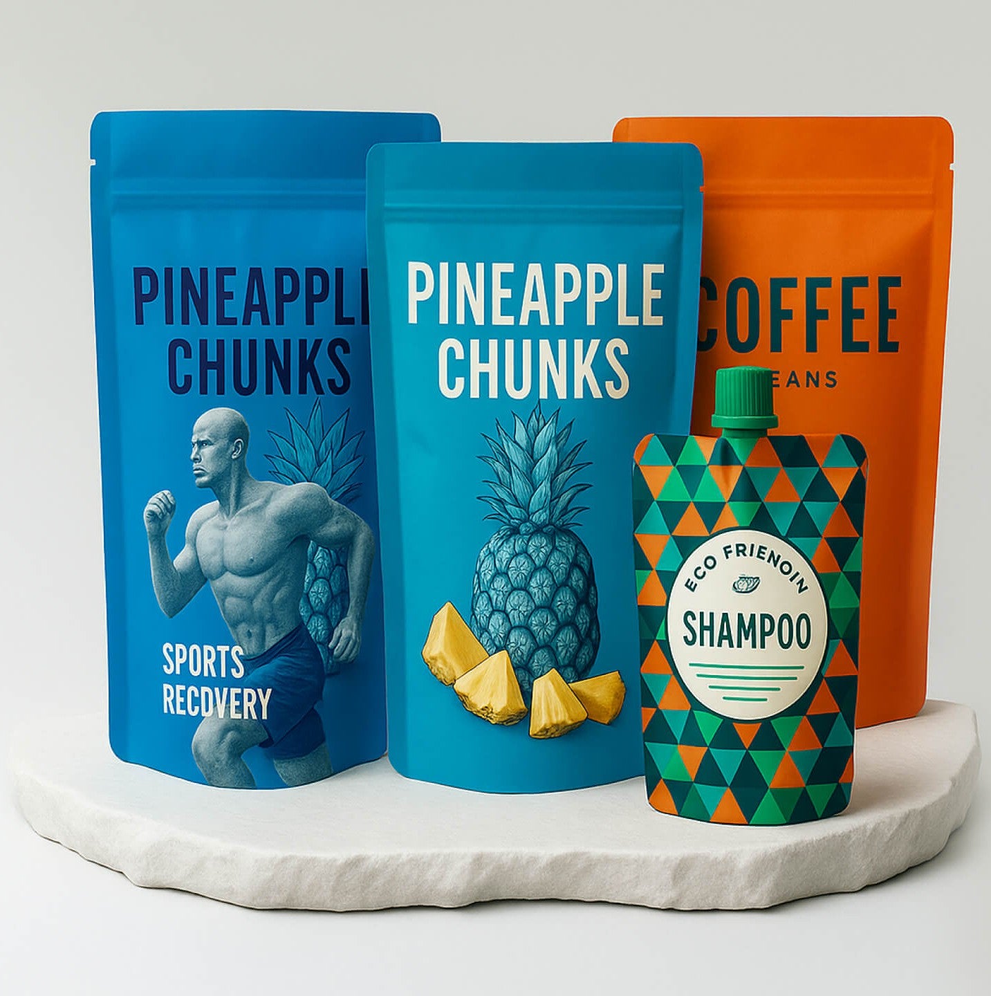 Three packages labeled 'Pineapple Chunks', 'Sports Recovery', and 'Coffee Beans' on a white surface with a white background.