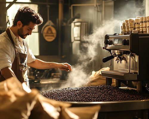 Man working with coffee beans near a coffee machine in a roastery.
